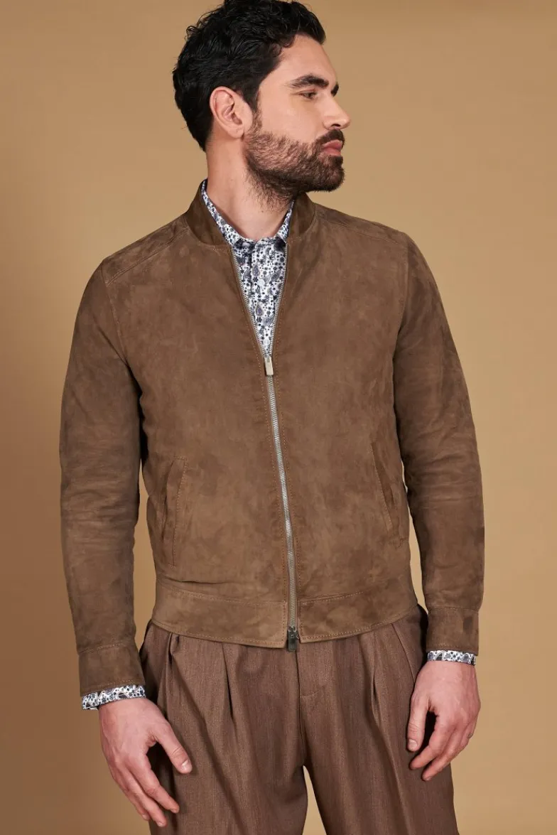 Uomo D'Arienzo Marlon - Giacca in pelle camoscio colore fango con cerniera