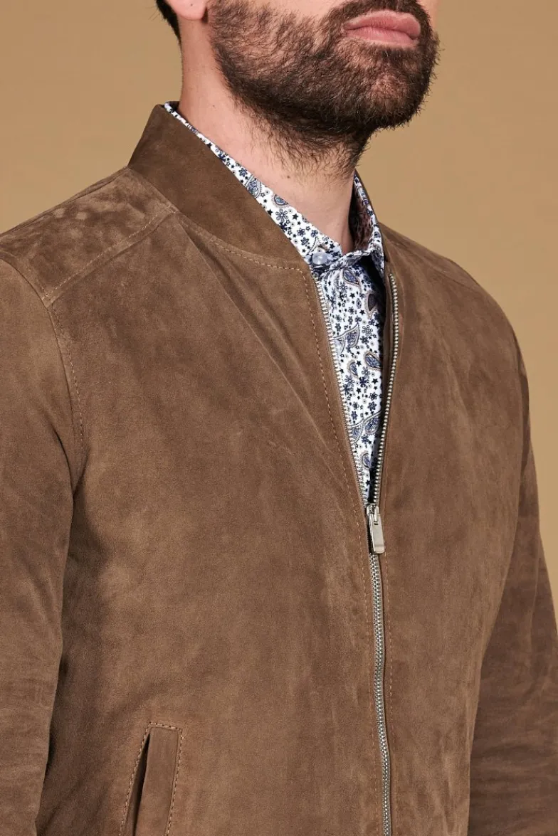 Uomo D'Arienzo Marlon - Giacca in pelle camoscio colore fango con cerniera