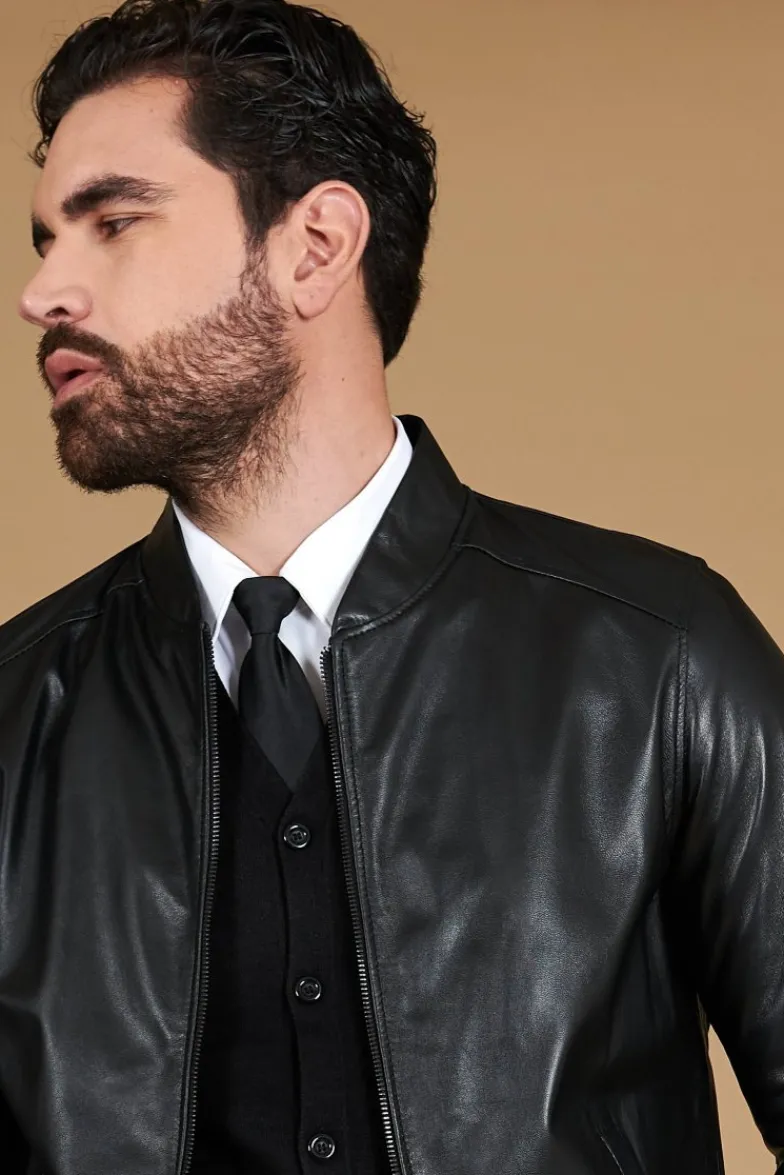 Uomo D'Arienzo Marlon - Giacca in pelle nera nappa effetto liscio tasche con calamita