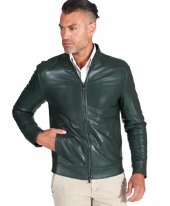 Uomo D'Arienzo Marlon - Giacca in pelle naturale verde effetto liscio collo banana
