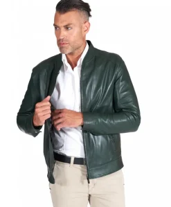 Uomo D'Arienzo Marlon - Giacca in pelle naturale verde effetto liscio collo banana