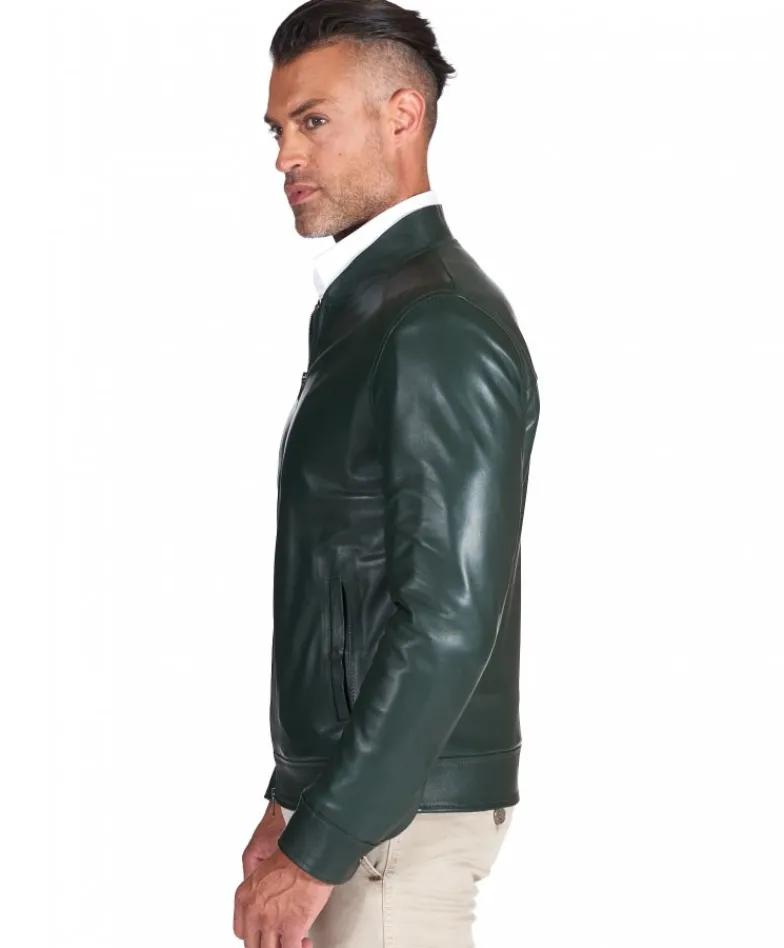 Uomo D'Arienzo Marlon - Giacca in pelle naturale verde effetto liscio collo banana