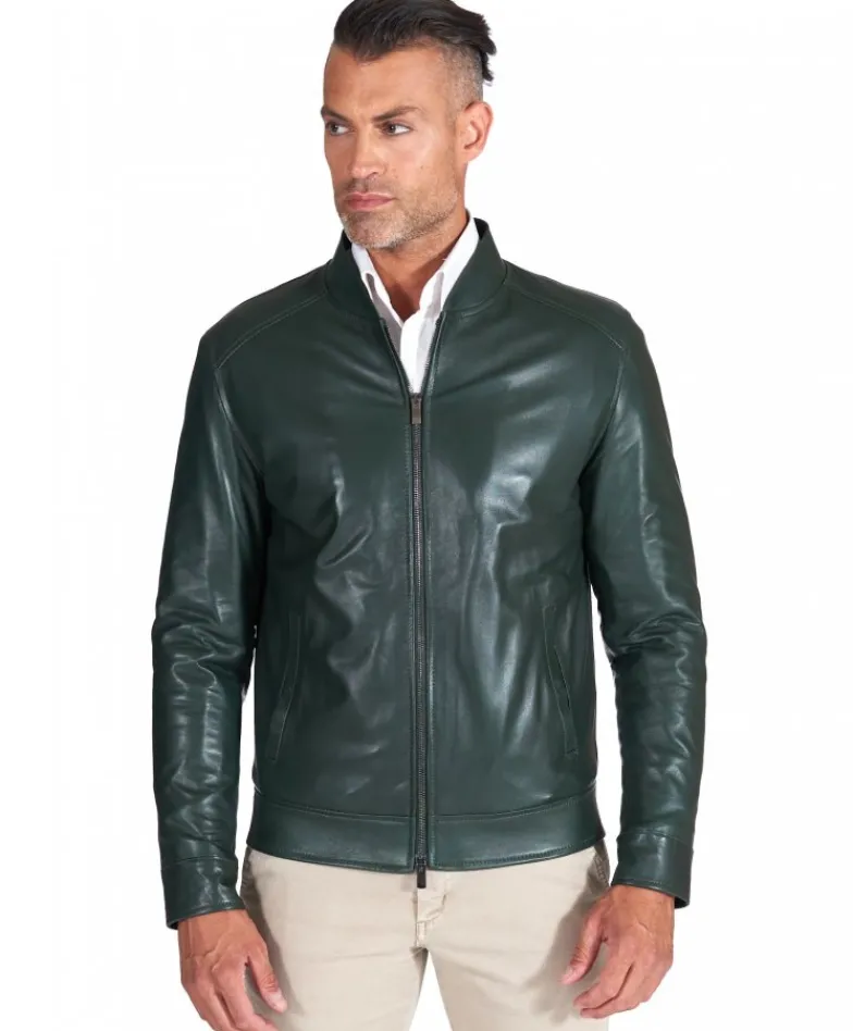 Uomo D'Arienzo Marlon - Giacca in pelle naturale verde effetto liscio collo banana