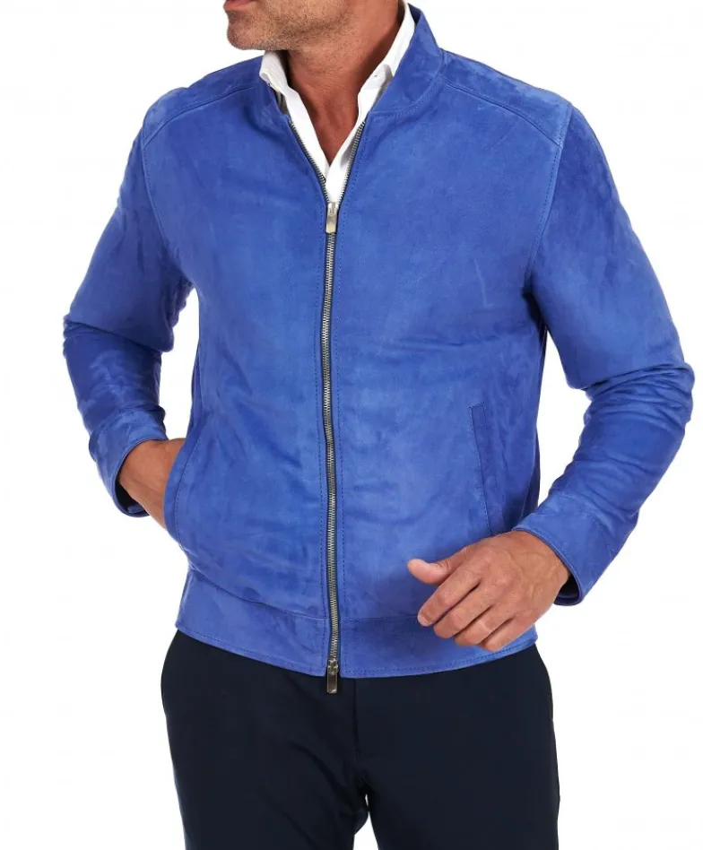Uomo D'Arienzo Marlon - Giacca in pelle scamosciata blu cielo con cerniera