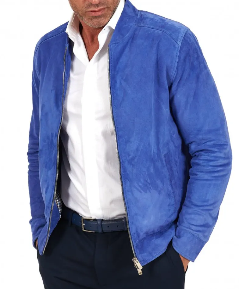 Uomo D'Arienzo Marlon - Giacca in pelle scamosciata blu cielo con cerniera