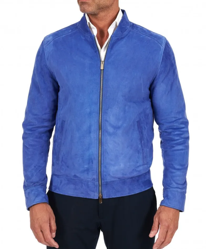 Uomo D'Arienzo Marlon - Giacca in pelle scamosciata blu cielo con cerniera