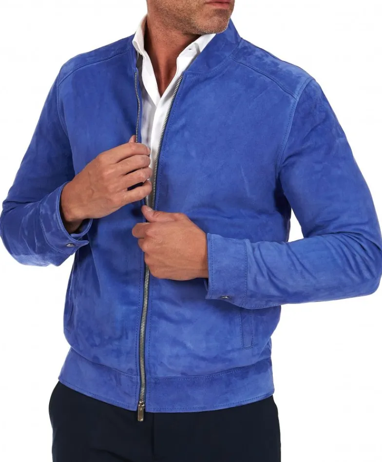 Uomo D'Arienzo Marlon - Giacca in pelle scamosciata blu cielo con cerniera