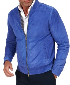 Uomo D'Arienzo Marlon - Giacca in pelle scamosciata blu cielo con cerniera