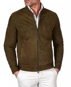 Uomo D'Arienzo Marlon - Giacca in pelle scamosciata colore verde khaki con cerniera