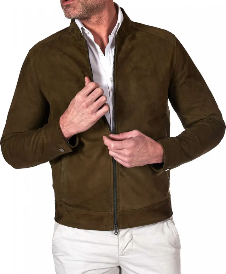 Uomo D'Arienzo Marlon - Giacca in pelle scamosciata colore verde khaki con cerniera