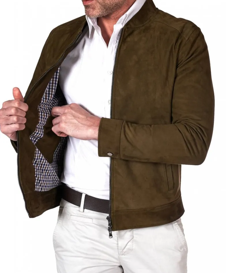 Uomo D'Arienzo Marlon - Giacca in pelle scamosciata colore verde khaki con cerniera