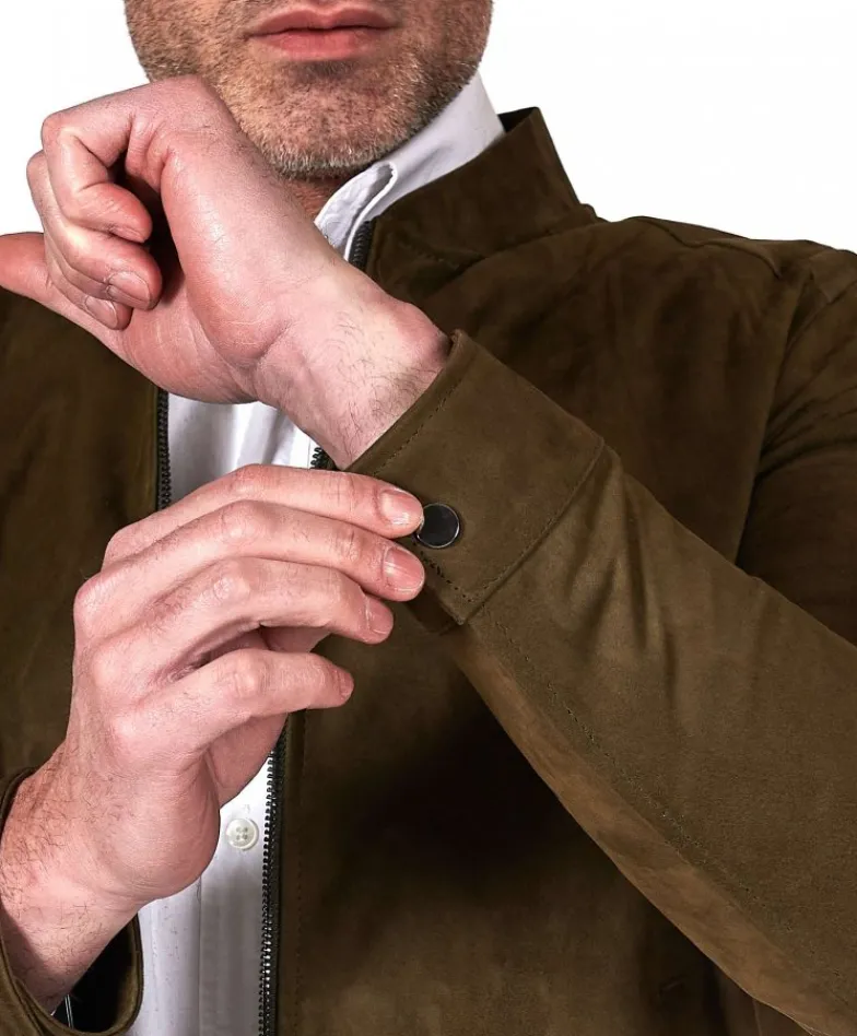 Uomo D'Arienzo Marlon - Giacca in pelle scamosciata colore verde khaki con cerniera
