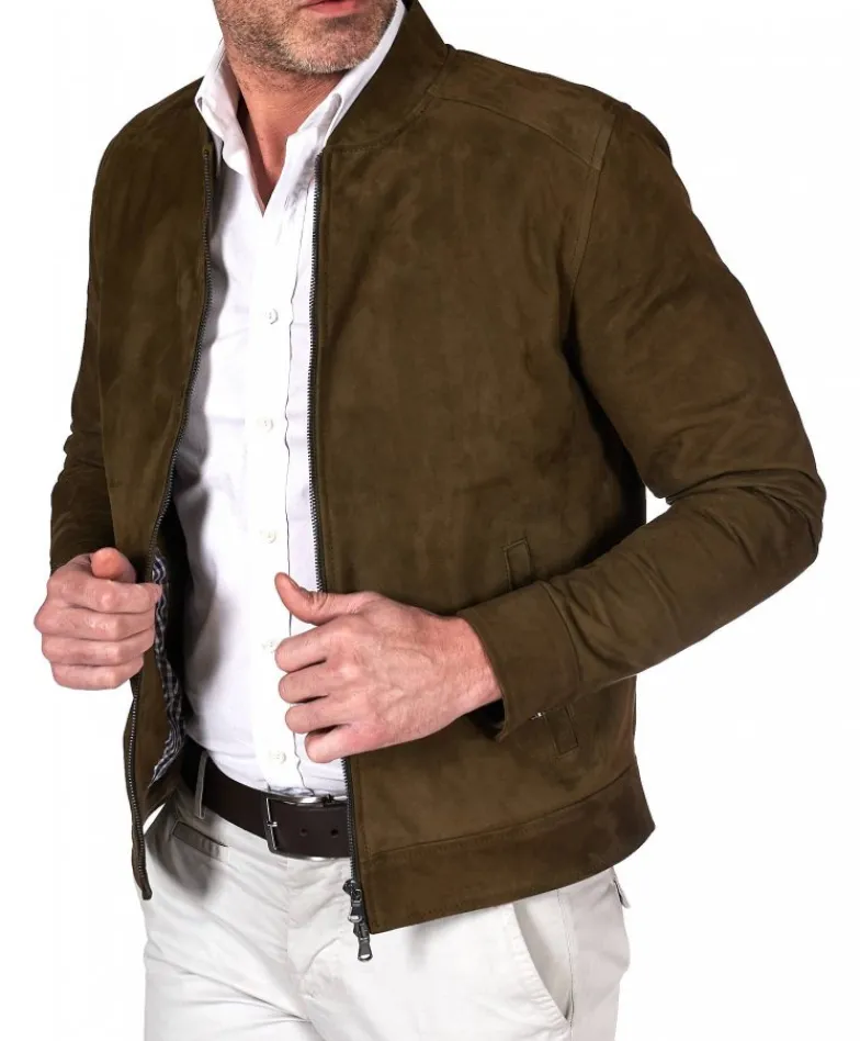 Uomo D'Arienzo Marlon - Giacca in pelle scamosciata colore verde khaki con cerniera