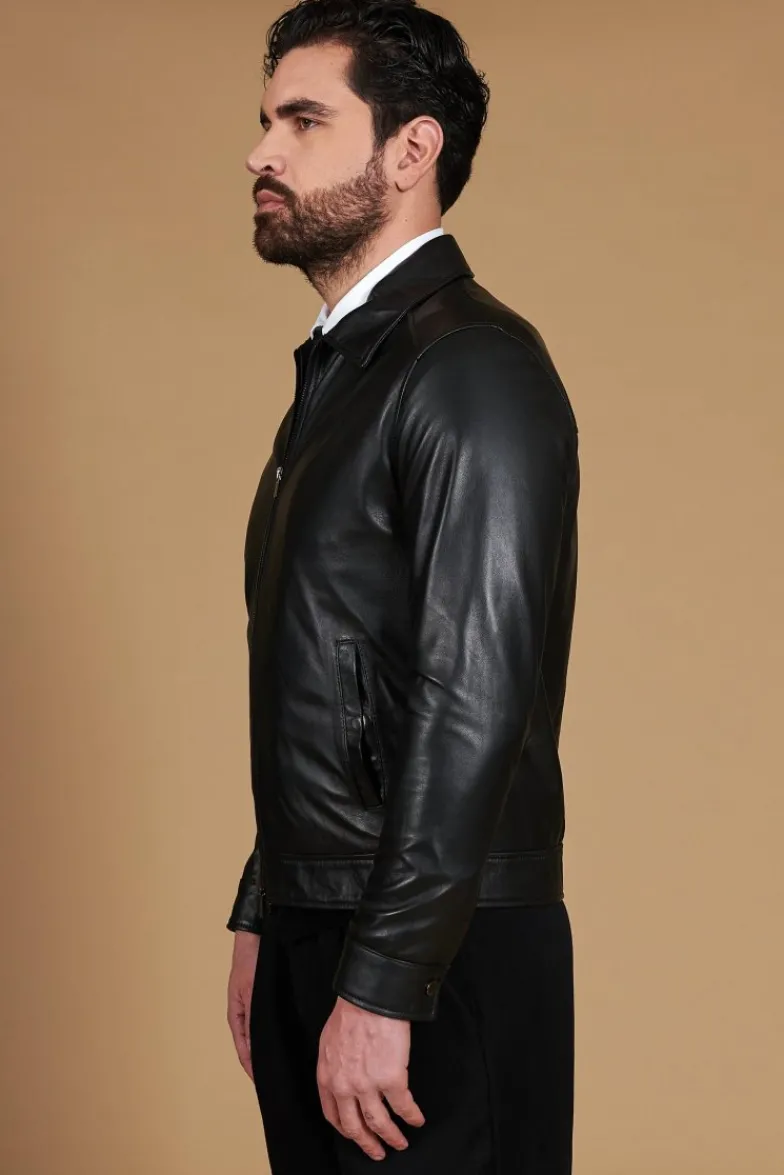 Uomo D'Arienzo Marlon Cam - Giacca in pelle nera nappa effetto liscio collo camicia