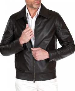 Uomo D'Arienzo Marlon Cam - Giacca in pelle naturale marrone effetto liscio collo camicia