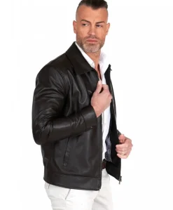 Uomo D'Arienzo Marlon Cam - Giacca in pelle naturale marrone effetto liscio collo camicia