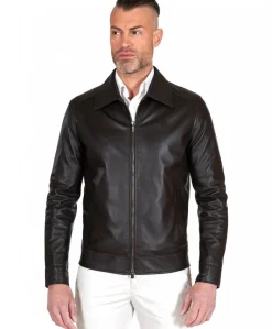 Uomo D'Arienzo Marlon Cam - Giacca in pelle naturale marrone effetto liscio collo camicia