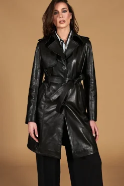 Donna D'Arienzo Martina - Cappotto in pelle nera con cintura effetto liscio