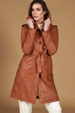 Donna D'Arienzo Martina - Cappotto monopetto in pelle color cuoio con cintura stampa borchia