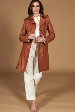 Donna D'Arienzo Martina - Cappotto monopetto in pelle color cuoio con cintura stampa borchia