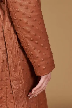 Donna D'Arienzo Martina - Cappotto monopetto in pelle color cuoio con cintura stampa borchia