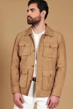 Uomo D'Arienzo Mason - Sahariana camoscio beige uomo con tasche applicate