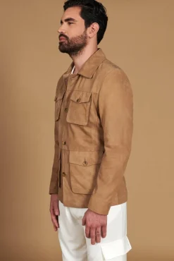 Uomo D'Arienzo Mason - Sahariana camoscio beige uomo con tasche applicate