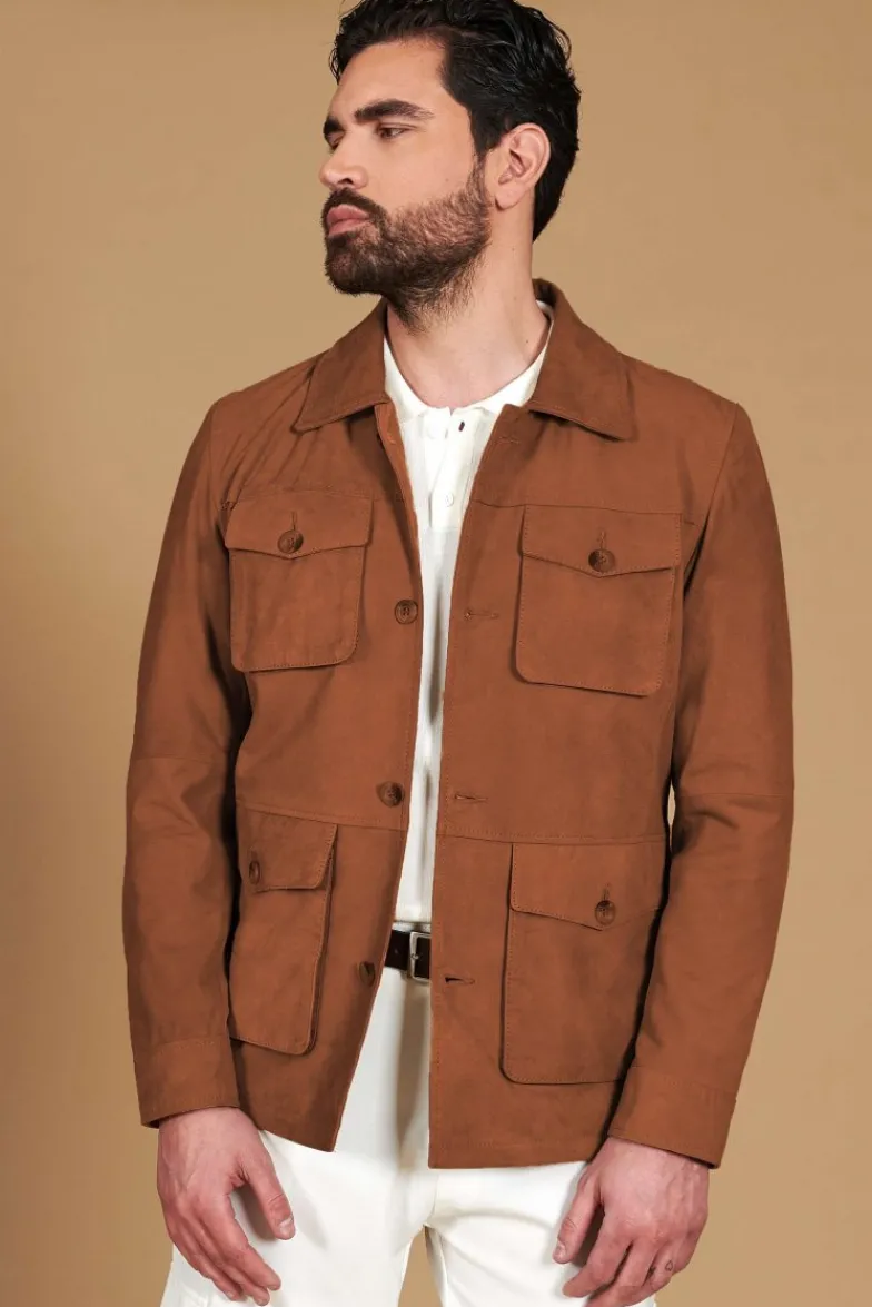 Uomo D'Arienzo Mason - Sahariana camoscio color cuoio uomo con tasche applicate