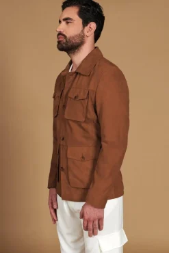 Uomo D'Arienzo Mason - Sahariana camoscio color cuoio uomo con tasche applicate