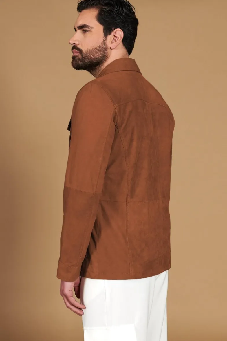 Uomo D'Arienzo Mason - Sahariana camoscio color cuoio uomo con tasche applicate