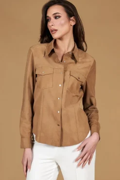 Donna D'Arienzo Megan - Camicia in pelle scamosciata beige con bottoni a pressione