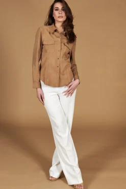 Donna D'Arienzo Megan - Camicia in pelle scamosciata beige con bottoni a pressione