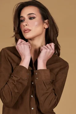 Donna D'Arienzo Megan - Camicia in pelle scamosciata colore fango con bottoni a pressione