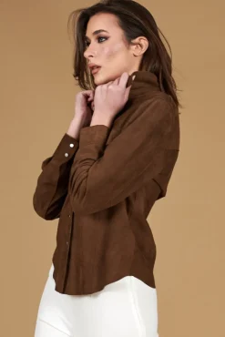 Donna D'Arienzo Megan - Camicia in pelle scamosciata colore fango con bottoni a pressione