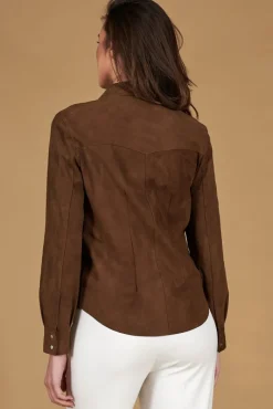 Donna D'Arienzo Megan - Camicia in pelle scamosciata colore fango con bottoni a pressione