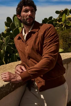 Uomo D'Arienzo Mike - Giacca bomber in pelle camoscio color cuoio collo camicia