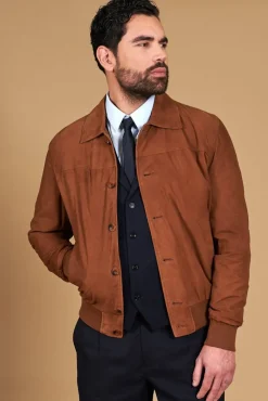 Uomo D'Arienzo Mike - Giacca bomber in pelle camoscio color cuoio collo camicia