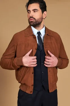 Uomo D'Arienzo Mike - Giacca bomber in pelle camoscio color cuoio collo camicia