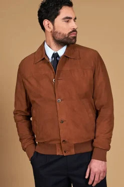 Uomo D'Arienzo Mike - Giacca bomber in pelle camoscio color cuoio collo camicia