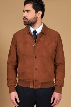 Uomo D'Arienzo Mike - Giacca bomber in pelle camoscio color cuoio collo camicia