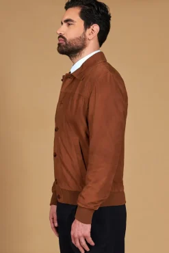 Uomo D'Arienzo Mike - Giacca bomber in pelle camoscio color cuoio collo camicia