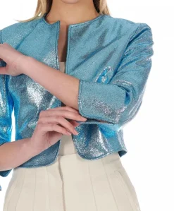 Donna D'Arienzo Miss - Giacca corta bolero in pelle laminata azzurra girocollo
