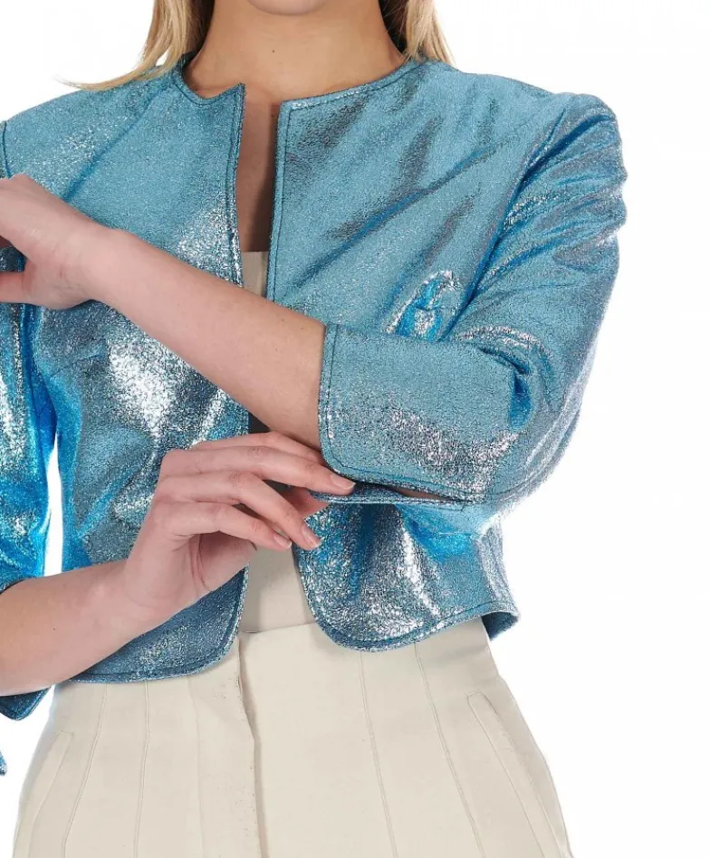 Donna D'Arienzo Miss - Giacca corta bolero in pelle laminata azzurra girocollo