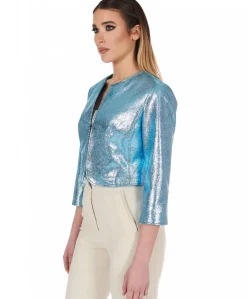 Donna D'Arienzo Miss - Giacca corta bolero in pelle laminata azzurra girocollo