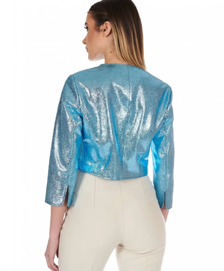 Donna D'Arienzo Miss - Giacca corta bolero in pelle laminata azzurra girocollo