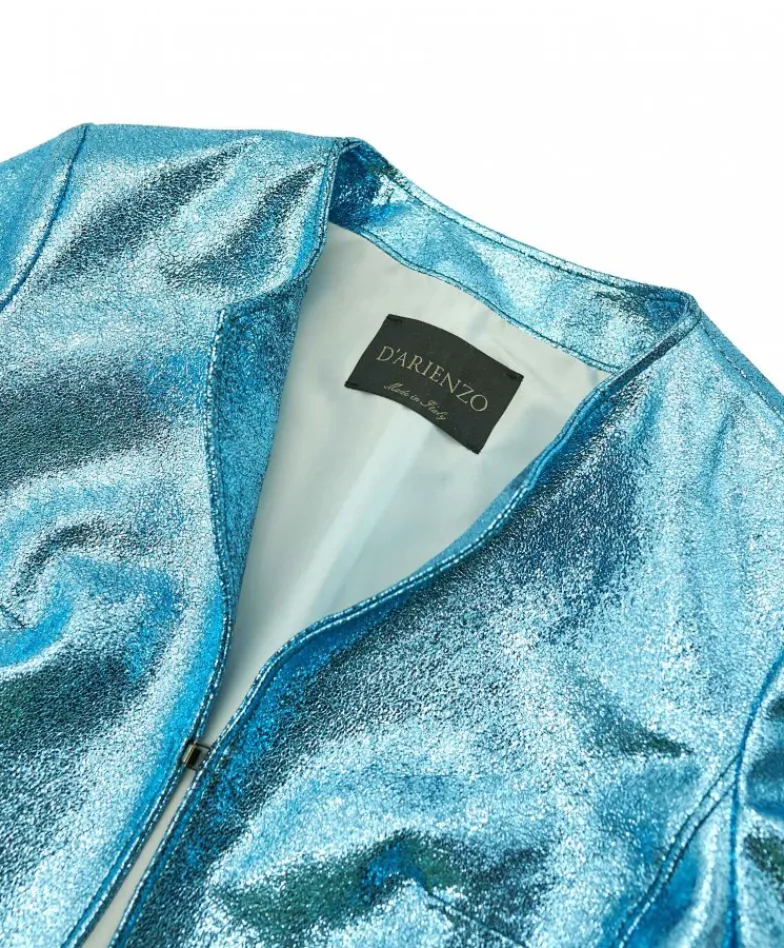 Donna D'Arienzo Miss - Giacca corta bolero in pelle laminata azzurra girocollo