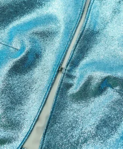 Donna D'Arienzo Miss - Giacca corta bolero in pelle laminata azzurra girocollo