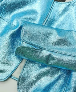 Donna D'Arienzo Miss - Giacca corta bolero in pelle laminata azzurra girocollo