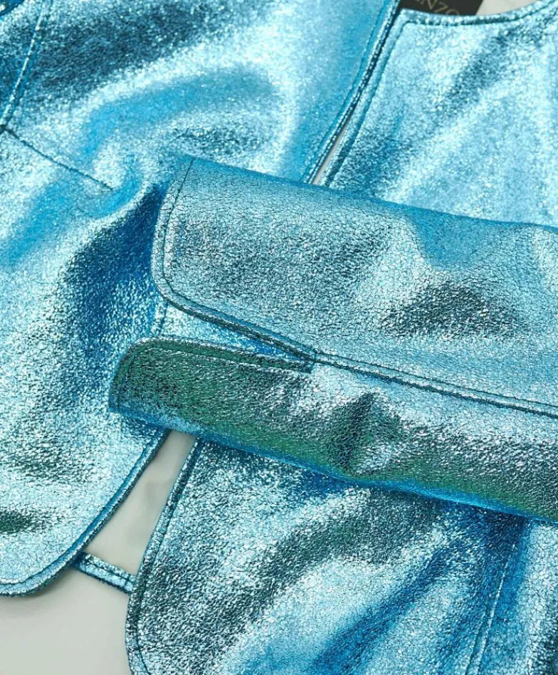 Donna D'Arienzo Miss - Giacca corta bolero in pelle laminata azzurra girocollo