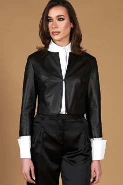 Donna D'Arienzo Miss - Giacca corta bolero in pelle nera girocollo nappa effetto liscio
